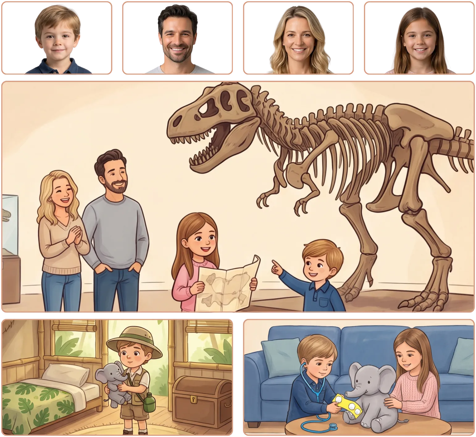 Real family photos of Ethan, Mum, Dad, and Sophie transform into illustrated story scenes: a museum visit with a dinosaur, Ethan as an explorer, and the kids playing vet