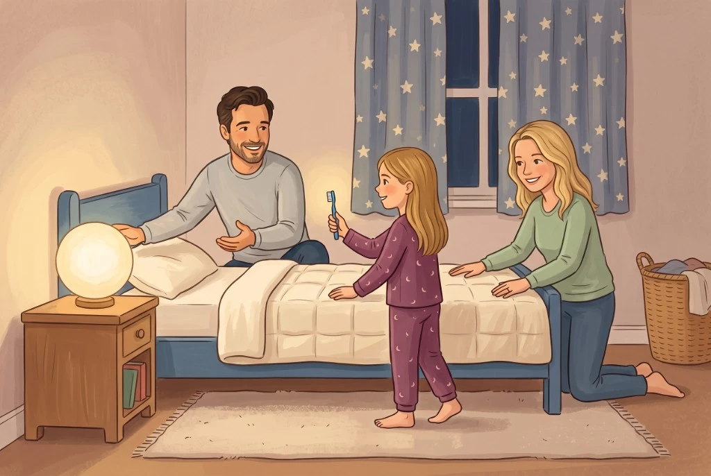A child in moon pajamas holding a toothbrush like a torch while parents join the bedtime adventure