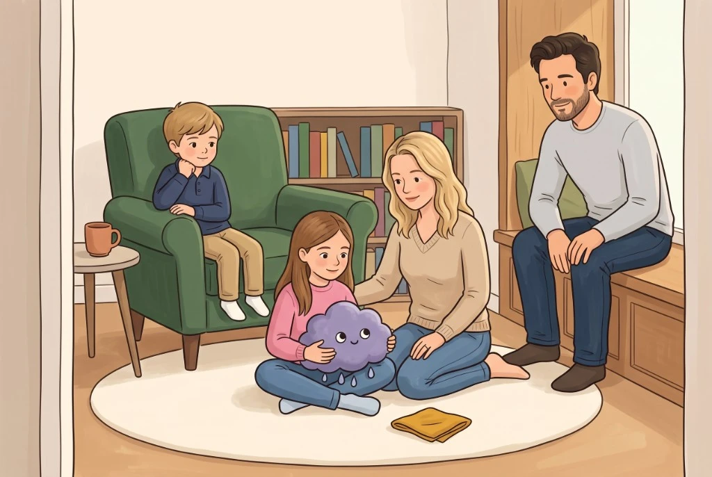 A child holding a friendly purple rain-cloud plush while the family sits close around them