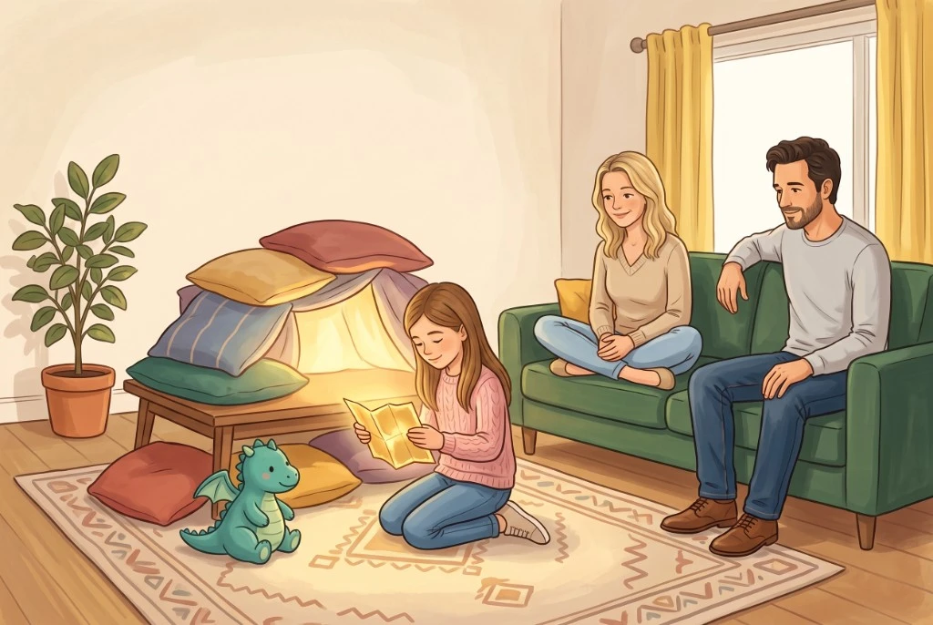 A child calmly closing a glowing adventure map beside a pillow fort while parents watch from the sofa