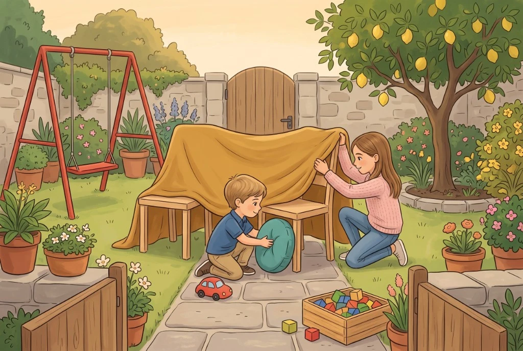 Two siblings building a blanket fort together in the garden