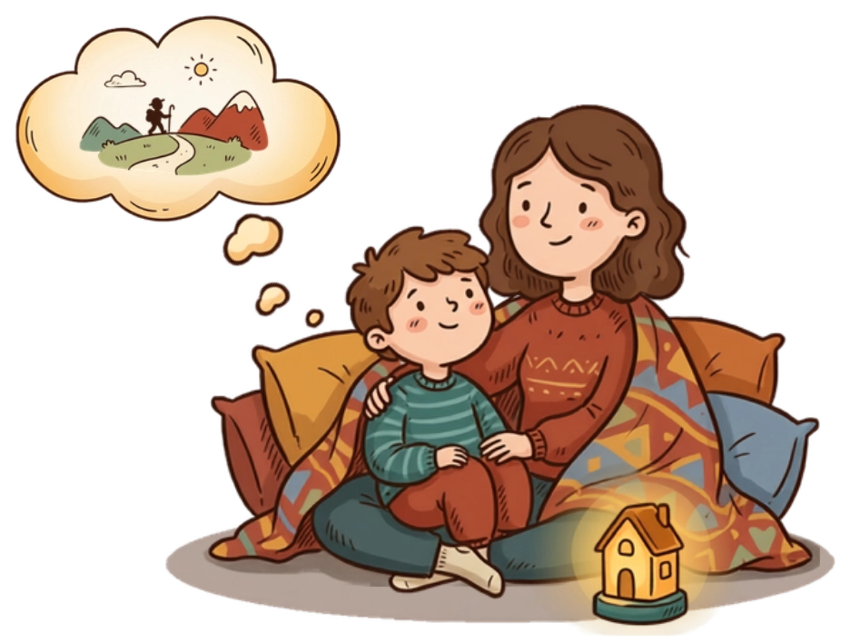 Parent and child listening to a story, imagining the adventure together