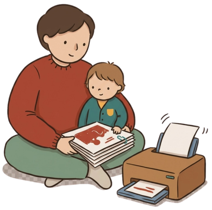 Parent and child reading a home-printed story beside a printer