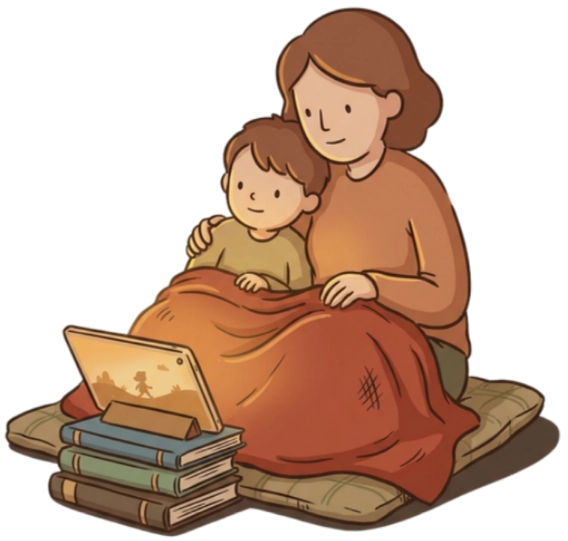 Parent and child watching a story together on a tablet